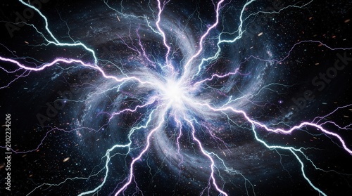A vibrant, swirling cosmic display with bright lightning-like electrical arcs radiating from a central glowing core in a deep space setting.