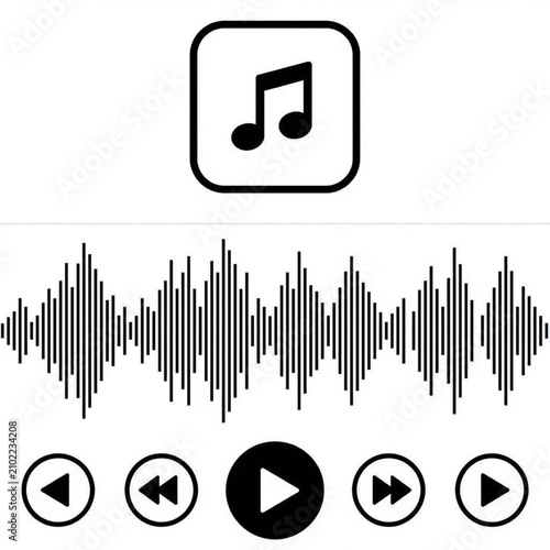 Minimalist audio player interface design. Digital music waveform with playback control icons.