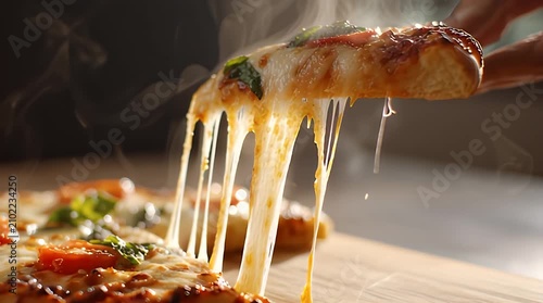 Slow Motion Close-Up of Gooey Cheese Pull on Fresh Pizza