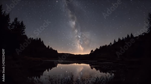 Serene Forest Landscape at Night with Milky Way and Pond Reflection