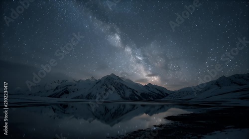 Slow Pan of Starry Sky Above Snowy Peaks and Icy Water
