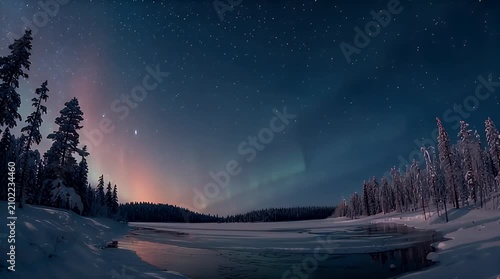 Night Sky with Subtle Aurora Motion and Frozen Lake Reflection
