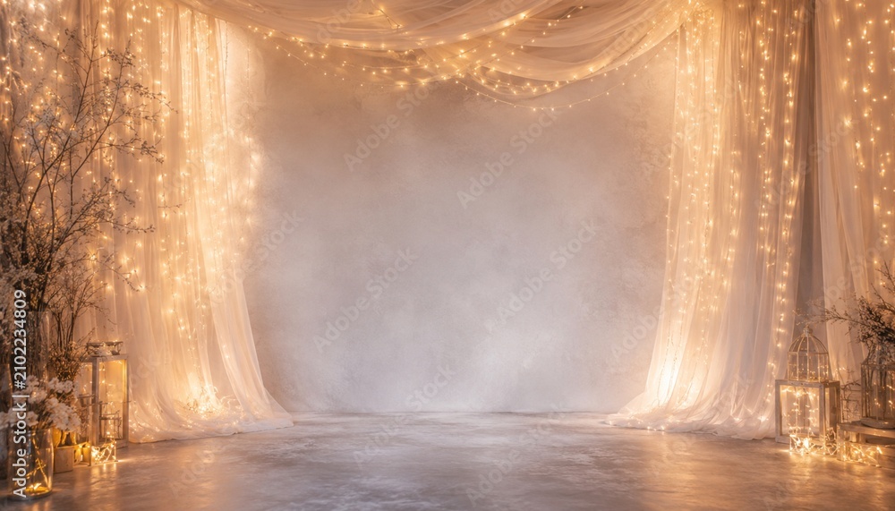 Obraz premium Warm fairy lights and draped fabric framing an elegant empty backdrop