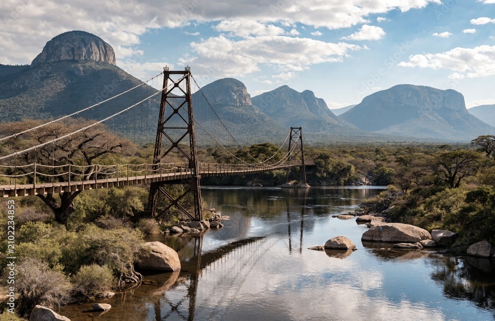 Fototapeta premium Steel suspension bridge over a calm river with mountain background