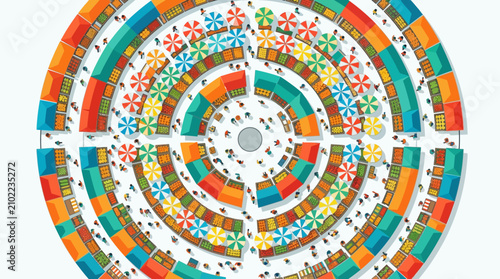 An intricate top-down illustration captures a bustling outdoor market with concentric rings of colorful stalls and a multitude of people.