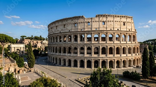 Panoramic view of the historic colosseum under a clear blue sky