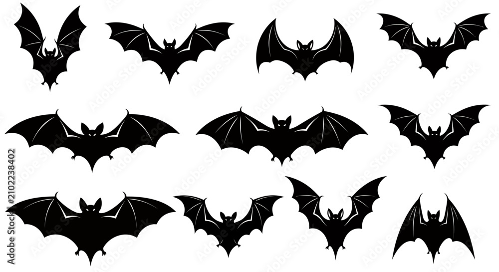 Fototapeta premium Silhouettes of Flying Bats in Various Angles and Pairings.