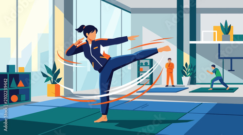 Martial artist performs a high side kick during a training session inside a bright modern studio gym.