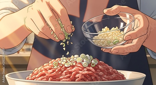 A professional chef preparing fresh ingredients by adding chopped green onions to raw ground meat