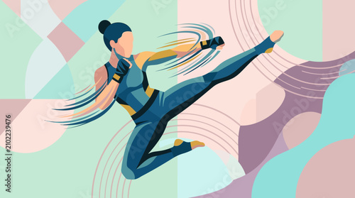 Martial artist executes a flying kick with speed lines against a multicolored geometric abstract background.