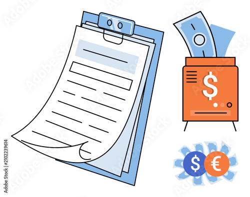 Clipboard with documents and money icons vector illustration. Accounting, finance, banking, investment, budget, commerce. Paperwork with cash and currency signs for financial management