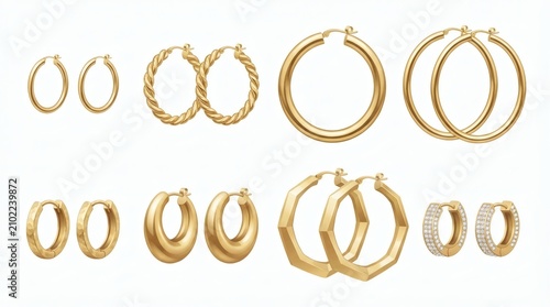 Collection Modern Gold Hoop Earrings Different Sizes Elegant Jewelry Vector

