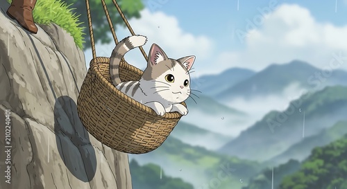 Cute fluffy kitten inside a wicker basket dangling over a cliff in misty mountain landscape