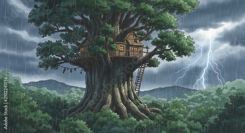 Large wooden treehouse built into a majestic giant tree during a heavy summer rainstorm with lightning