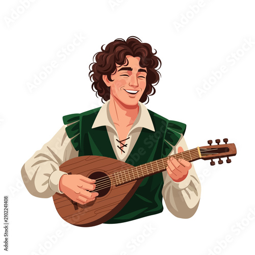 Fotografie Court Troubadour Knight Playing Wooden Lute