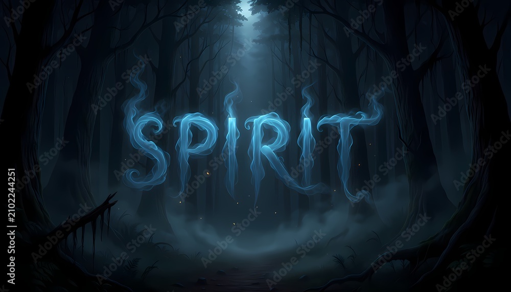 Obraz premium Word Spirit in ethereal blue letters. Mystical glowing text in a dark forest.