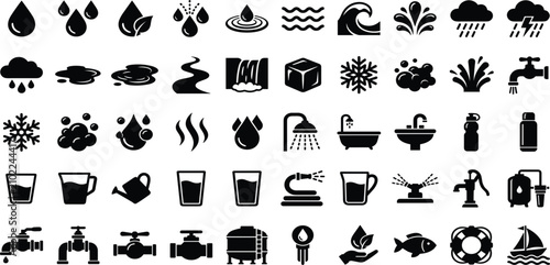 Solid black silhouette natural liquid water cycle domestic plumbing utilities household hygiene and environmental resource icon set for graphic layout designs
