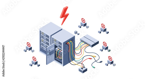 Isometric illustration of server room with data connections and engineers.