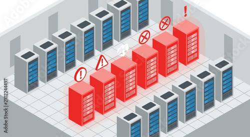 Red server racks in a modern data center with error symbols.
