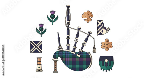 Bagpipe and Scottish Emblems Illustration