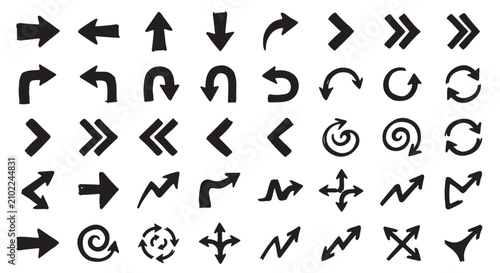 Bild auf Leinwand Hand drawn arrow set with 40 black ink icons, organic brush stroke pointer colle