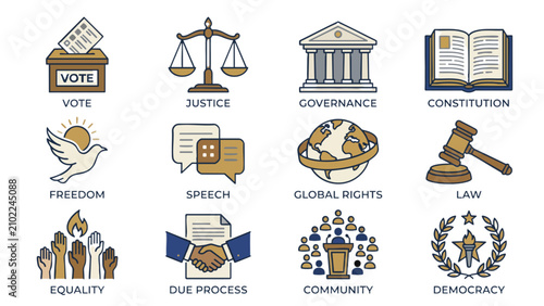 Global Governance Justice Election Voting and Community Equality Elegant Corporate Monoline Illustration Set