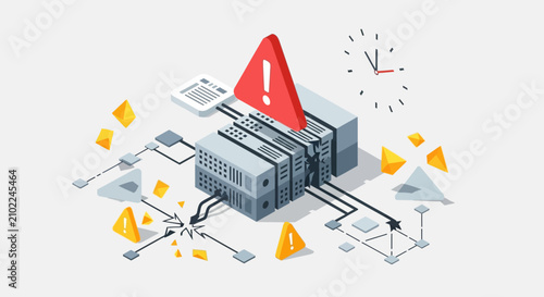Flat design illustration of server rack with warning sign and data flow.