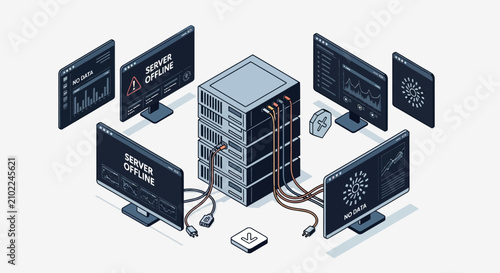 Isometric illustration of a modern data center with servers and monitors.