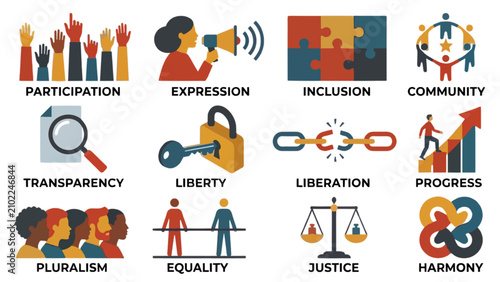 Global Governance Justice Election Voting and Community Equality Modern Flat Geometric Illustration Set