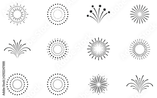 Fireworks and sunburst line icons set featuring celebration sparks firecracker burst party salute and festive explosion vector graphic elements