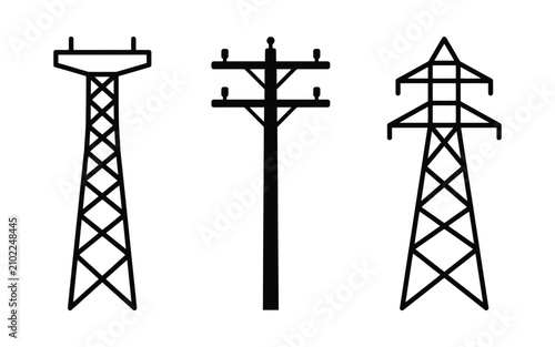 Electric power tower transmission line silhouette vector set isolated on white background for industrial electricity grid infrastructure design projects.