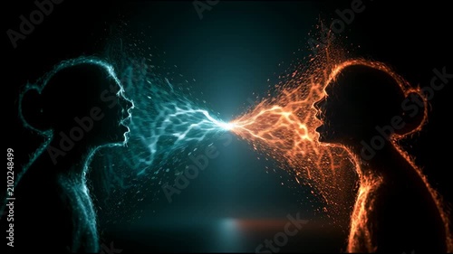 Two figures exchange sparks in a futuristic setting. The visuals represent real-time AI translation ideas, highlighting interaction and technology.