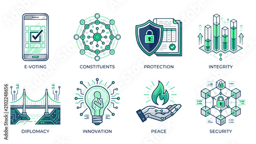 Global Governance Justice Election Voting and Community Equality Next-Gen Civic Tech Line Style Illustration Set