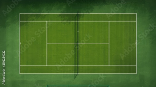 Aerial top down view of a vibrant green grass tennis court with precise white boundary lines with featuring crisp white geometric markings under soft diffused lighting clean