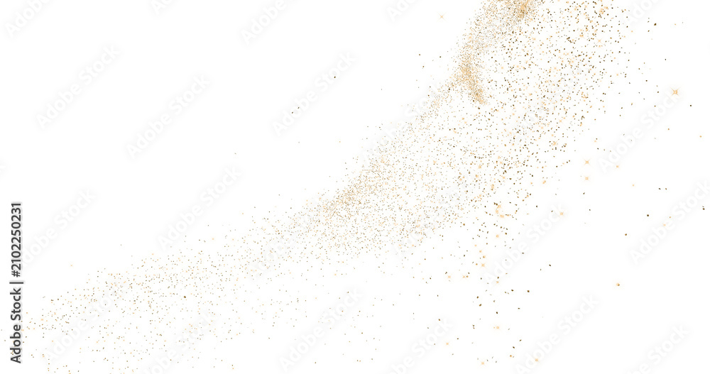 Fototapeta premium Glittering gold confetti flying in black background. Sparkling turbulence glow effect. 3D rendering with alpha.