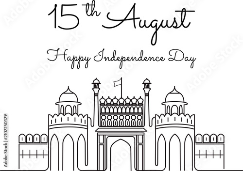 India Happy Independence Day celebration concept. Single continuous line drawing of Delhi's Red Fort with flag and typography design, isolated on white background.