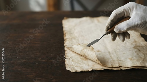 Conservator wearing white gloves restoring old paper on wooden desk