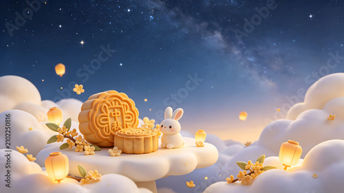 Mid Autumn mooncake and rabbit 3D illustration