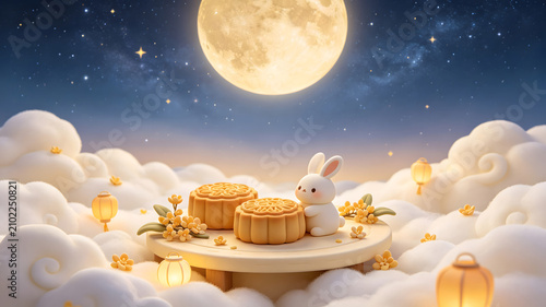 Mid Autumn mooncake and rabbit 3D illustration