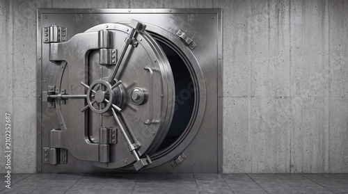 Open heavy steel bank vault door in a concrete wall