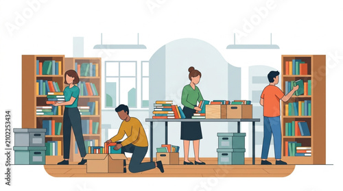 Diverse group of people organizing books and boxes in a library setting, with shelves full of literature and a clean, organized workspace