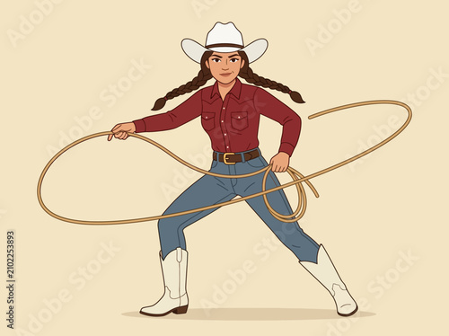 Schilderij op canvas Cowgirl Character Twirling Lasso Rope Illustration, Wild West Rodeo Theme