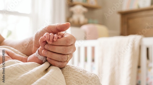 Heartwarming moments for first-time parents in advertising photography featuring a parent gently holding their newborn baby hand in a cozy nursery