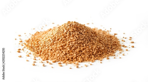 Pile of organic dried fenugreek seeds isolated on a white background, traditional herbal condiment