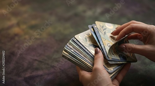 Hands holding a deck of mystical oracle cards for divination