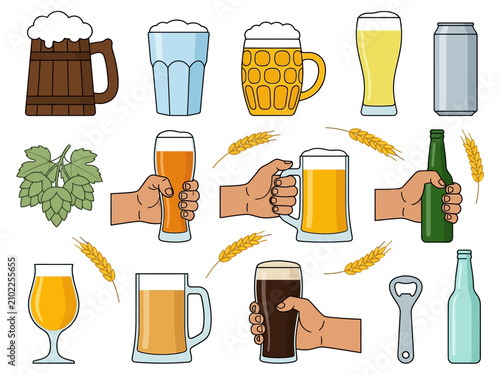 Canvastavla Beer vector set featuring glasses, mugs, hands holding drinks, bottles, hops, and wheat icons for brewery or pub designs