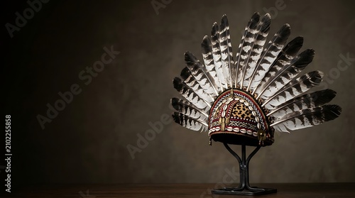 Ornamental tribal feather headdress displayed on a stand