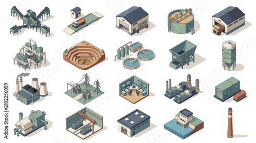 Comprehensive collection of industrial and infrastructure icons depicting urban and rural facility components and utilities in a