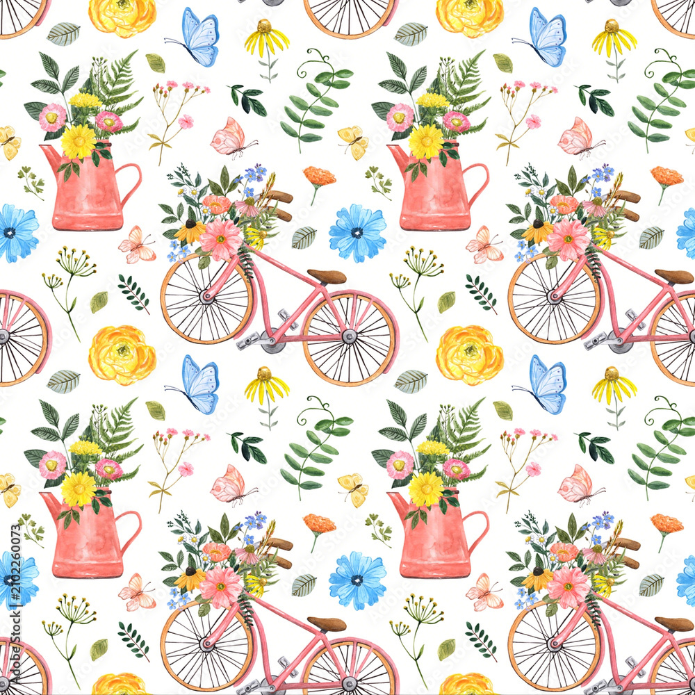 Watercolor Spring Seamless Pattern with Pink Bicycle Watering Can and Wildflowers
