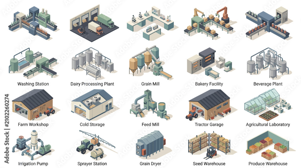 Fototapeta premium Comprehensive Illustration of Agricultural and Food Industry Facilities from Processing to Storage with Diverse Machinery and